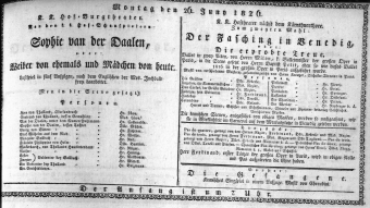 Theaterzettel (Oper und Burgtheater in Wien) 18260626 Seite: 1