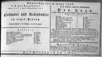Theaterzettel (Oper und Burgtheater in Wien) 18260629 Seite: 1