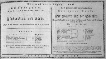 Theaterzettel (Oper und Burgtheater in Wien) 18260802 Seite: 1