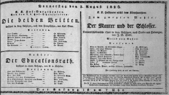 Theaterzettel (Oper und Burgtheater in Wien) 18260803 Seite: 1