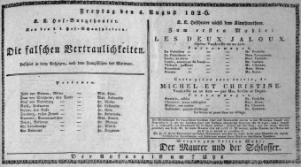 Theaterzettel (Oper und Burgtheater in Wien) 18260804 Seite: 1