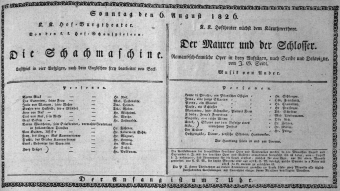 Theaterzettel (Oper und Burgtheater in Wien) 18260806 Seite: 1