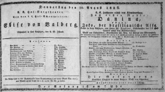 Theaterzettel (Oper und Burgtheater in Wien) 18260810 Seite: 1