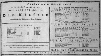 Theaterzettel (Oper und Burgtheater in Wien) 18260812 Seite: 1