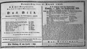 Theaterzettel (Oper und Burgtheater in Wien) 18260817 Seite: 1