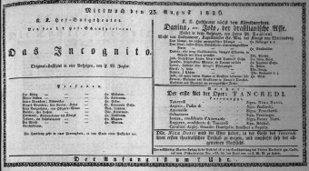 Theaterzettel (Oper und Burgtheater in Wien) 18260823 Seite: 1