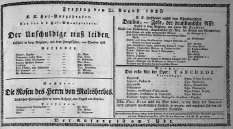 Theaterzettel (Oper und Burgtheater in Wien) 18260825 Seite: 1