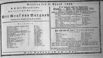 Theaterzettel (Oper und Burgtheater in Wien) 18260827 Seite: 1