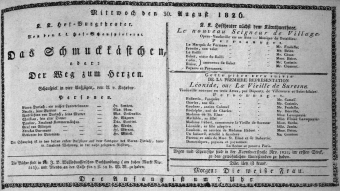 Theaterzettel (Oper und Burgtheater in Wien) 18260830 Seite: 1