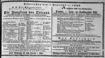 Theaterzettel (Oper und Burgtheater in Wien) 18260907 Seite: 1