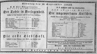Theaterzettel (Oper und Burgtheater in Wien) 18260910 Seite: 1