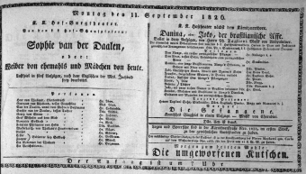 Theaterzettel (Oper und Burgtheater in Wien) 18260911 Seite: 1