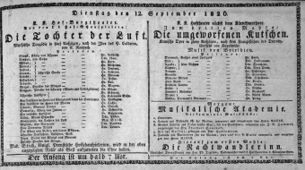 Theaterzettel (Oper und Burgtheater in Wien) 18260912 Seite: 1