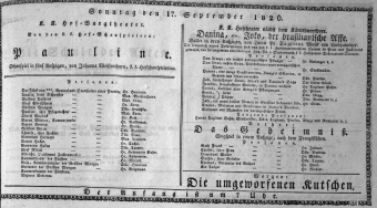Theaterzettel (Oper und Burgtheater in Wien) 18260917 Seite: 1
