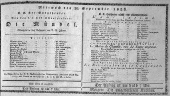 Theaterzettel (Oper und Burgtheater in Wien) 18260920 Seite: 1