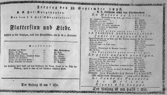 Theaterzettel (Oper und Burgtheater in Wien) 18260922 Seite: 1