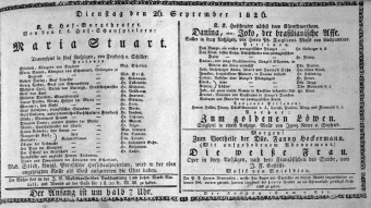 Theaterzettel (Oper und Burgtheater in Wien) 18260926 Seite: 1