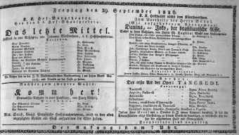 Theaterzettel (Oper und Burgtheater in Wien) 18260929 Seite: 1