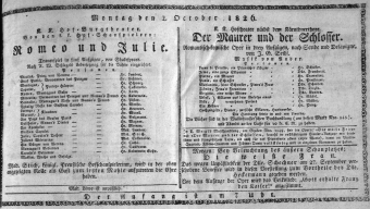 Theaterzettel (Oper und Burgtheater in Wien) 18261002 Seite: 1
