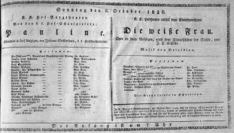 Theaterzettel (Oper und Burgtheater in Wien) 18261008 Seite: 1