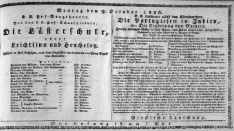 Theaterzettel (Oper und Burgtheater in Wien) 18261009 Seite: 1