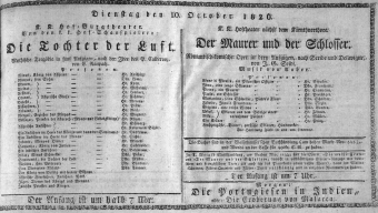 Theaterzettel (Oper und Burgtheater in Wien) 18261010 Seite: 1