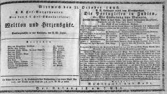 Theaterzettel (Oper und Burgtheater in Wien) 18261011 Seite: 1