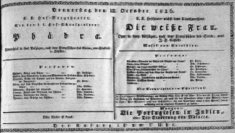 Theaterzettel (Oper und Burgtheater in Wien) 18261012 Seite: 1