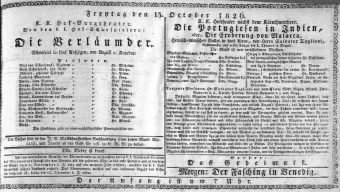 Theaterzettel (Oper und Burgtheater in Wien) 18261013 Seite: 1