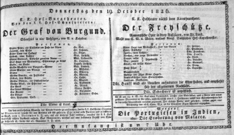 Theaterzettel (Oper und Burgtheater in Wien) 18261019 Seite: 1