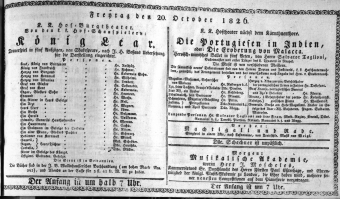 Theaterzettel (Oper und Burgtheater in Wien) 18261020 Seite: 1