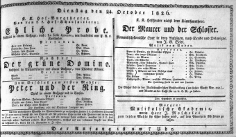 Theaterzettel (Oper und Burgtheater in Wien) 18261024 Seite: 1