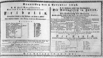 Theaterzettel (Oper und Burgtheater in Wien) 18261102 Seite: 1