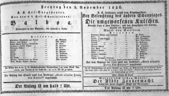 Theaterzettel (Oper und Burgtheater in Wien) 18261103 Seite: 1