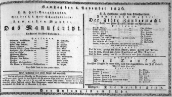 Theaterzettel (Oper und Burgtheater in Wien) 18261104 Seite: 1
