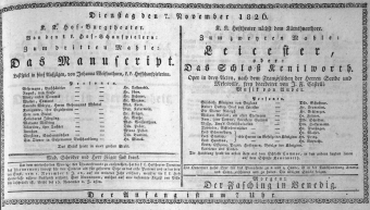 Theaterzettel (Oper und Burgtheater in Wien) 18261107 Seite: 1