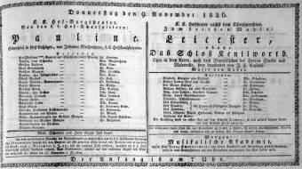 Theaterzettel (Oper und Burgtheater in Wien) 18261109 Seite: 1