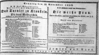Theaterzettel (Oper und Burgtheater in Wien) 18261112 Seite: 1