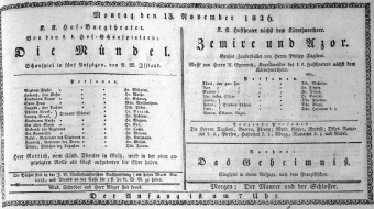 Theaterzettel (Oper und Burgtheater in Wien) 18261113 Seite: 1