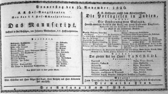 Theaterzettel (Oper und Burgtheater in Wien) 18261116 Seite: 1