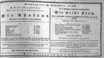 Theaterzettel (Oper und Burgtheater in Wien) 18261119 Seite: 1
