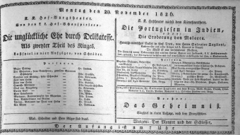 Theaterzettel (Oper und Burgtheater in Wien) 18261120 Seite: 1
