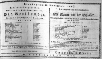 Theaterzettel (Oper und Burgtheater in Wien) 18261121 Seite: 1