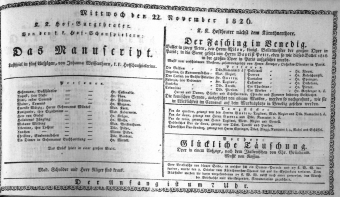 Theaterzettel (Oper und Burgtheater in Wien) 18261122 Seite: 1
