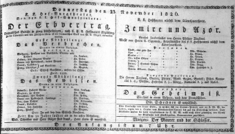 Theaterzettel (Oper und Burgtheater in Wien) 18261123 Seite: 1