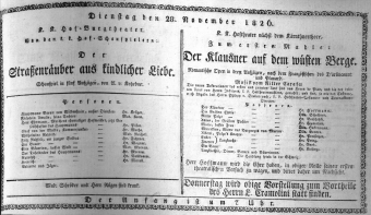 Theaterzettel (Oper und Burgtheater in Wien) 18261128 Seite: 1