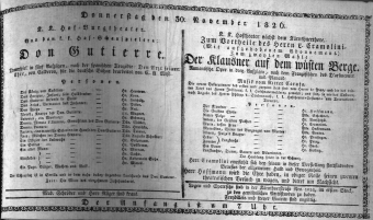Theaterzettel (Oper und Burgtheater in Wien) 18261130 Seite: 1