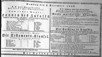 Theaterzettel (Oper und Burgtheater in Wien) 18261202 Seite: 1