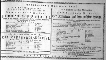 Theaterzettel (Oper und Burgtheater in Wien) 18261203 Seite: 1