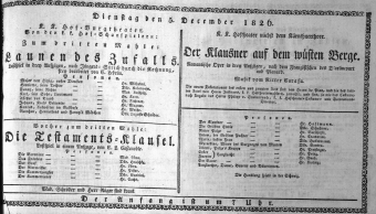 Theaterzettel (Oper und Burgtheater in Wien) 18261205 Seite: 1